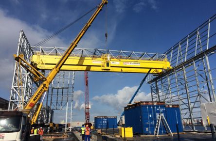 The overhead crane for AWT4 is hoisted